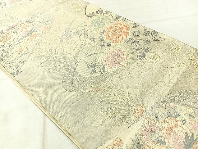 平和屋着物◎六通柄袋帯 唐織 観世草花文 銀糸 正絹 逸品 AABF2681uk
