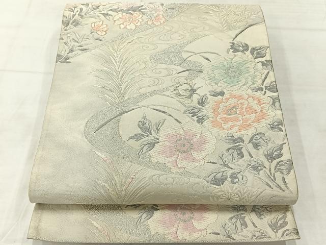 平和屋着物◎六通柄袋帯 唐織 観世草花文 銀糸 正絹 逸品 AABF2681uk