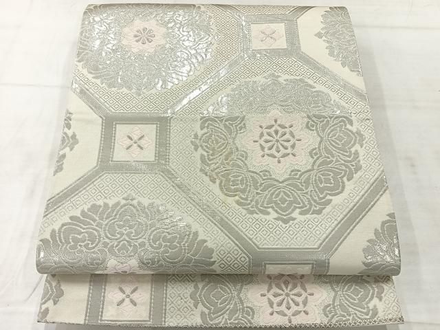 平和屋着物◎六通柄袋帯 唐織 千寿錦 プラチナ本銀箔二重織 蜀江花文 銀糸 正絹 逸品 AABF2683uk