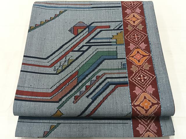 平和屋着物◎全通柄袋帯 紬地 抽象間道 正絹 逸品 AABF2693uk