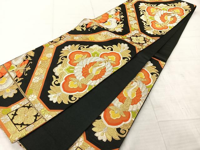 平和屋着物◎六通柄袋帯 唐織 花鳥文 鶴 黒地 金銀糸 正絹 逸品 AABF2704uk