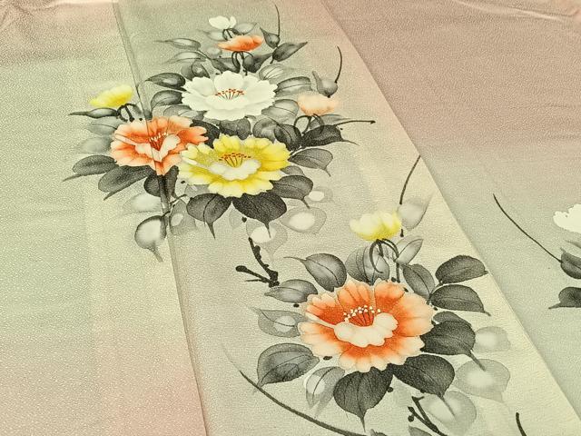 平和屋着物▽訪問着 単衣 手描き 草花文 正絹 逸品 AABF2744jh