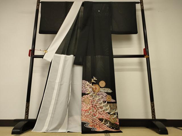 平和屋着物*夏物 黒留袖 絽 花鳥文 金彩 ロング丈 洗える着物 AABF2805jd
