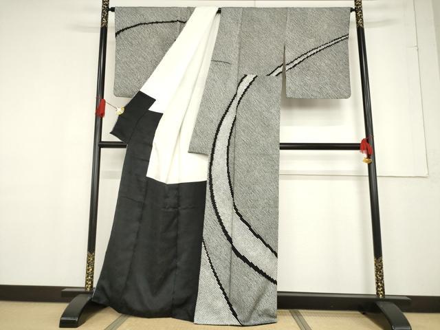 平和屋着物●訪問着 作家物 総絞り 流水文 黒地 正絹 逸品 AABF2842ck