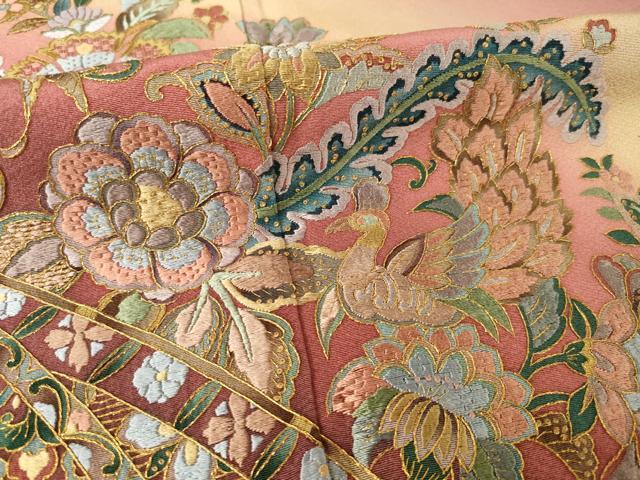 平和屋着物●訪問着 総刺繍 更紗花鳥文 暈し染め 金糸 正絹 逸品 AABF2866ck
