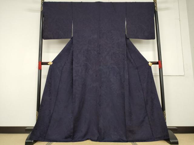 平和屋着物●青藍舎 色無地 天然灰汁発建本藍染 花尽くし地紋 黒紅色 正絹 逸品 AABF2883ck