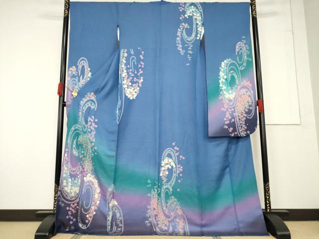 平和屋着物●豪華振袖 絞り 流水花文 暈し染め 金通し地 ロング丈 正絹 逸品 AABF2884ck