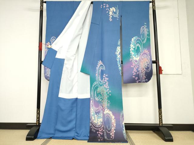 平和屋着物●豪華振袖 絞り 流水花文 暈し染め 金通し地 ロング丈 正絹 逸品 AABF2884ck