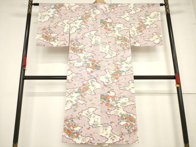 平和屋着物●長襦袢 単衣 型染め 風景花文 正絹 逸品 AABF2902ck