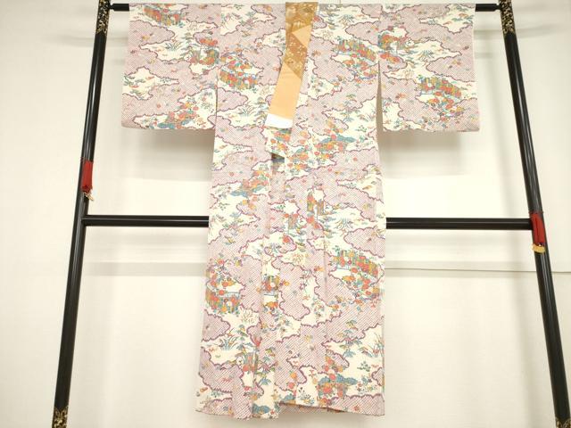 平和屋着物●長襦袢 単衣 型染め 風景花文 正絹 逸品 AABF2902ck