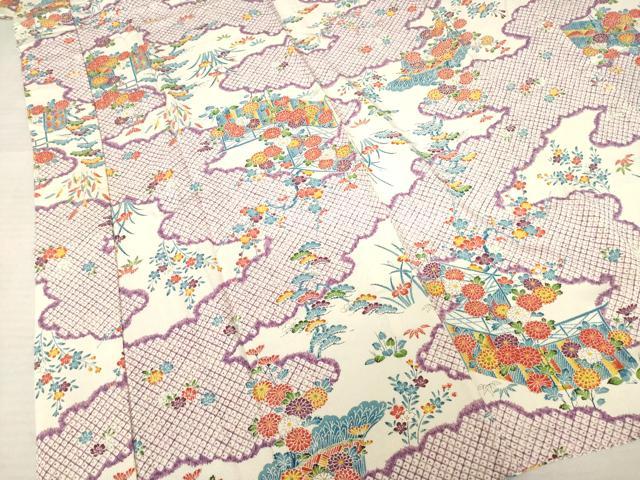 平和屋着物●長襦袢 単衣 型染め 風景花文 正絹 逸品 AABF2902ck