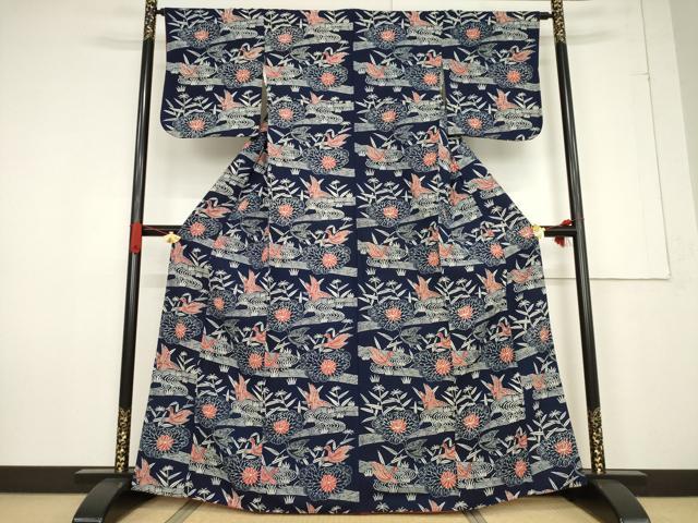 平和屋着物●浦野理一 型染 小紋 流水花鳥文 正絹 逸品 AABF2903ck