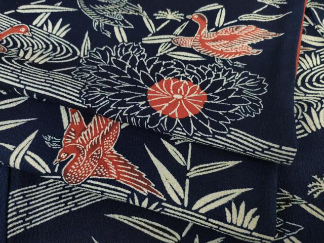 平和屋着物●浦野理一 型染 小紋 流水花鳥文 正絹 逸品 AABF2903ck