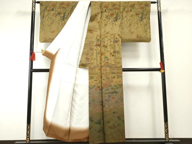 平和屋着物●山岡古都・古都染人 染織美術品 薬墨染 天目織 お召 訪問着 吉祥花鳥文 暈し染め 正絹 逸品 AABF2928cs