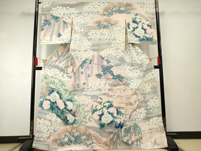 平和屋着物●訪問着 吉祥飛鶴草花文 暈し染め 金彩 正絹 逸品 AABF2947cs