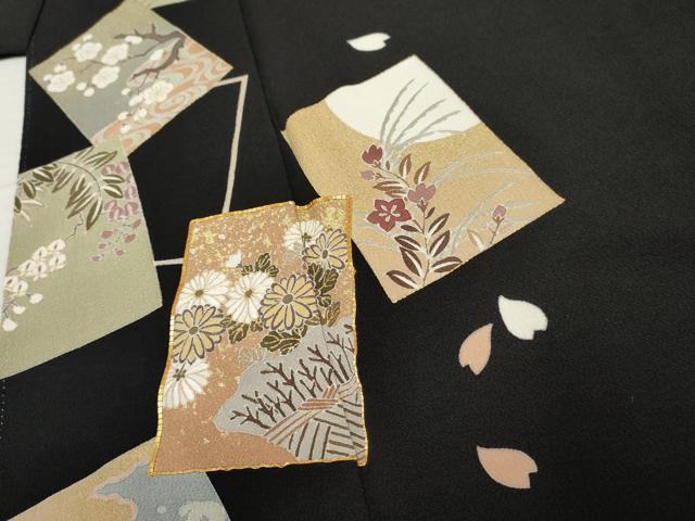 平和屋着物●訪問着 駒刺繍 色紙重ね花文 黒地 金彩 鬼しぼ縮緬 正絹 逸品 AABF2954cs