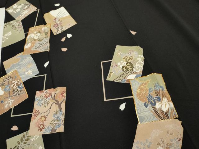 平和屋着物●訪問着 駒刺繍 色紙重ね花文 黒地 金彩 鬼しぼ縮緬 正絹 逸品 AABF2954cs