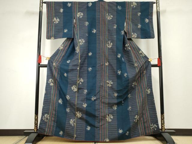 平和屋着物●上質な紬 絞り 格子間道 正絹 逸品 AABF2967cs