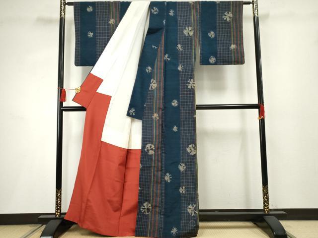 平和屋着物●上質な紬 絞り 格子間道 正絹 逸品 AABF2967cs