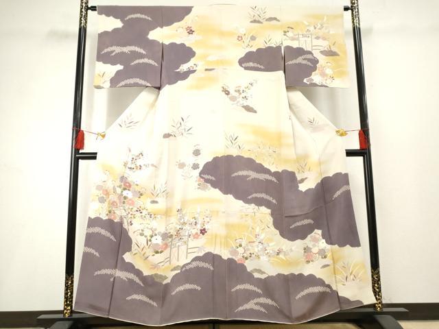平和屋着物●訪問着 絞り 風景草花文 暈し染め 正絹 逸品 AABF2971cs