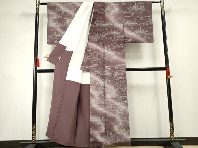 平和屋着物●訪問着 紬地 刺繍 流水花鳥松文 正絹 逸品 AABF2977cs