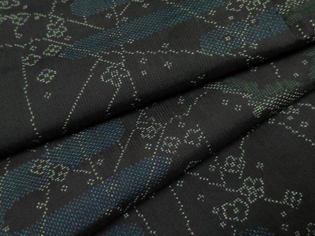 平和屋着物●本場大島紬 一元7マルキ エ霞枝花文 黒地 正絹 逸品 未使用 AABF3021cs