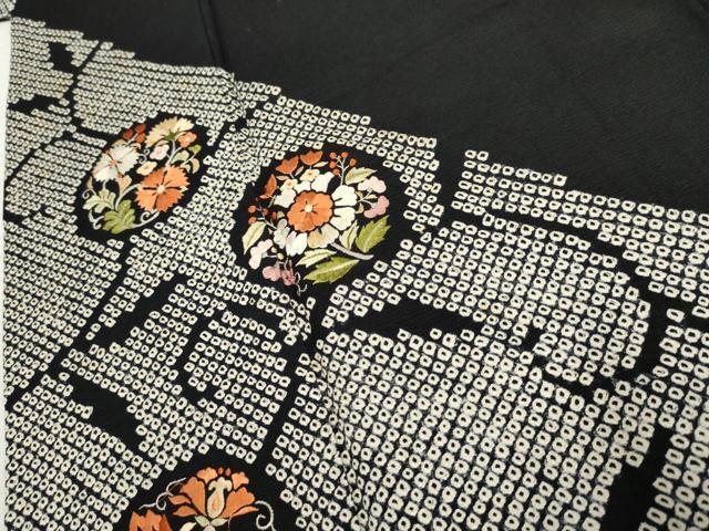 平和屋着物●訪問着 絞り 刺繍 更紗花文 黒地 正絹 逸品 AABF3025cs