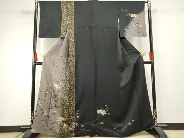 平和屋着物●訪問着 扇面枝花文 暈し染め 黒地 金銀彩 正絹 逸品 AABF3035cs