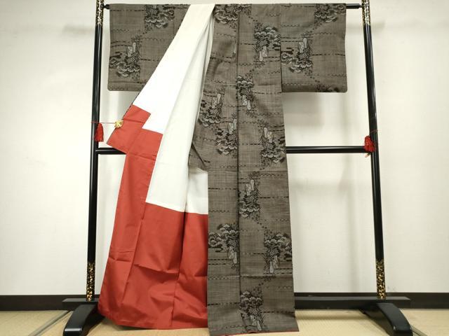 平和屋着物●本場大島紬 泥染め カタス9マルキ 陶器花松文 正絹 逸品 AABF3038cs