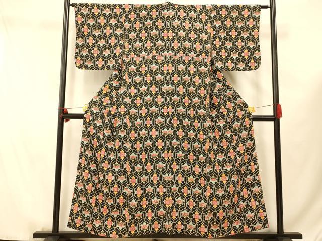 平和屋着物■上質な小紋 桐文 黒地 正絹 逸品 AABF3220fw