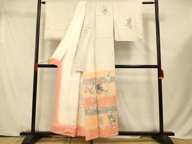 平和屋着物■訪問着 刺繍 花車文 暈し染め 銀彩 正絹 逸品 AABF3248fw