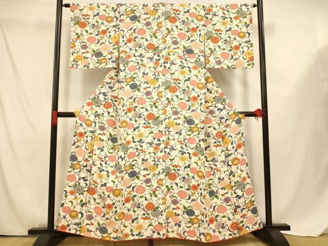 平和屋着物■上質な小紋 型染め 花唐草文 正絹 逸品 AABF3314fw