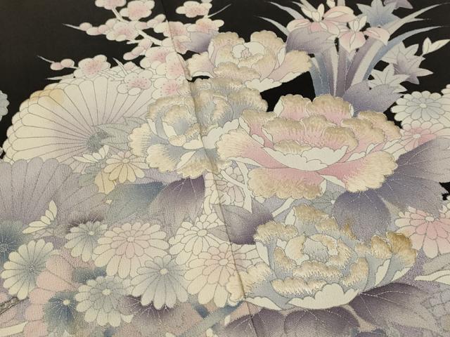 平和屋着物■豪華黒留袖 刺繍 草花文 銀糸 銀彩 正絹 逸品 AABF3367st