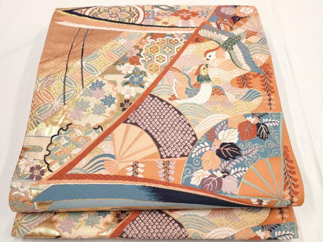 平和屋着物◎六通柄袋帯 唐織 鳳凰花文 金糸 正絹 逸品 AABF3438iu