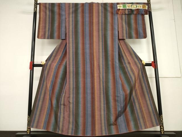 平和屋着物●結城紬 縞 証紙付き 正絹 逸品 未使用 AABF3576ck