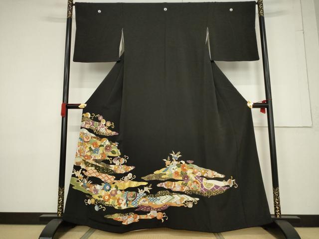 平和屋着物●創業460年・千總 黒留袖 駒刺繍 道長吉祥花文 金彩 正絹 逸品 AABF3591ck