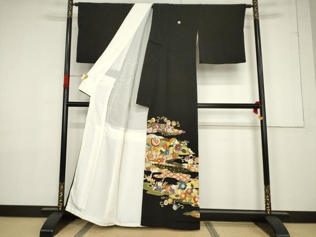 平和屋着物●創業460年・千總 黒留袖 駒刺繍 道長吉祥花文 金彩 正絹 逸品 AABF3591ck