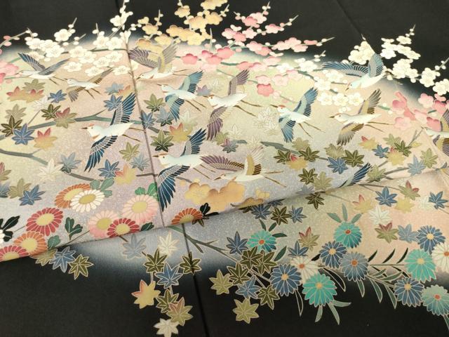 平和屋着物●豪華黒留袖 友禅 作家物 花鳥文 浜ちりめん 正絹 逸品 AABF3596ck