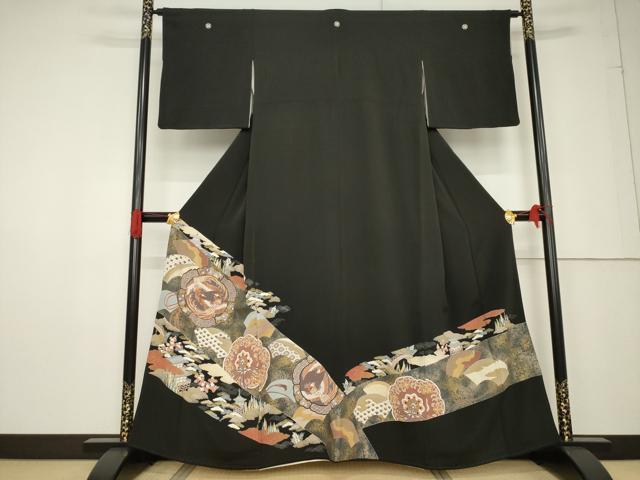 平和屋着物●豪華黒留袖 友禅 駒刺繍 鏡裏鳳凰花文 金彩 正絹 逸品 AABF3621ck