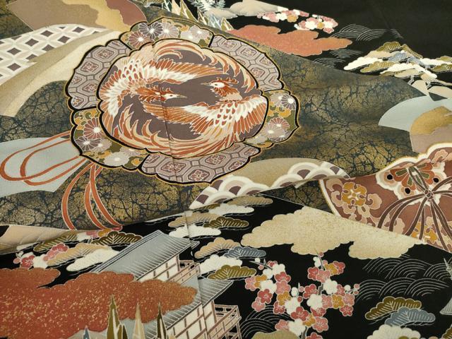 平和屋着物●豪華黒留袖 友禅 駒刺繍 鏡裏鳳凰花文 金彩 正絹 逸品 AABF3621ck