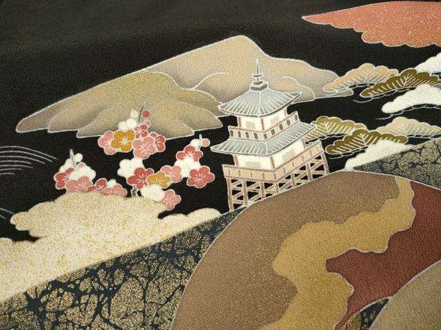 平和屋着物●豪華黒留袖 友禅 駒刺繍 鏡裏鳳凰花文 金彩 正絹 逸品 AABF3621ck