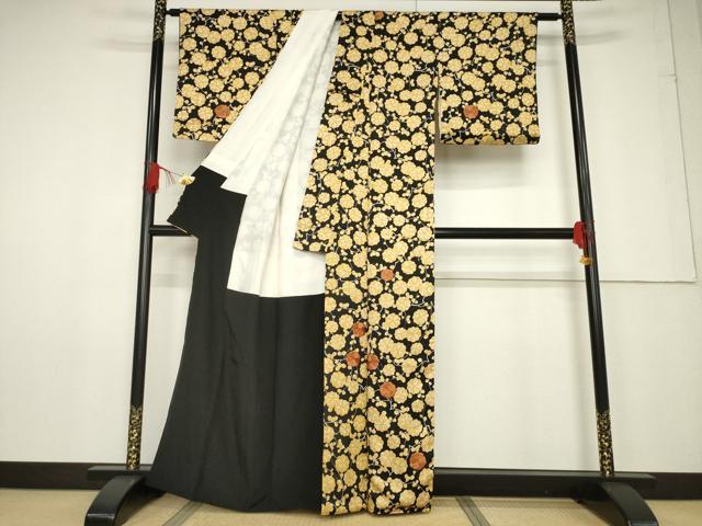平和屋着物●訪問着 駒刺繍 枝花文 黒地 正絹 逸品 AABF3633ck