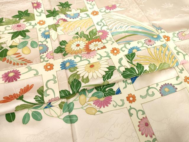 平和屋着物●訪問着 格子花文 正絹 逸品 AABF3638ck