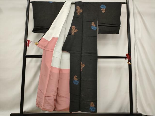 平和屋着物■上質な小紋 寿光織 草花文 黒地 金銀糸 正絹 逸品 AABF3683st