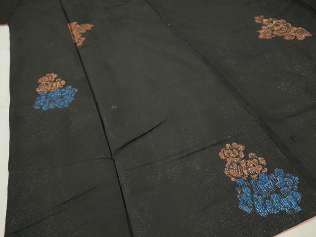 平和屋着物■上質な小紋 寿光織 草花文 黒地 金銀糸 正絹 逸品 AABF3683st