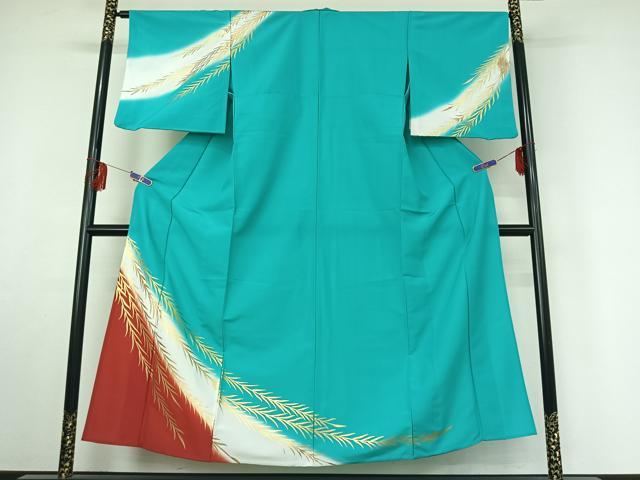 平和屋着物▽訪問着 単衣 草葉文 暈し染め 金彩 洗える着物 AABF3774jh
