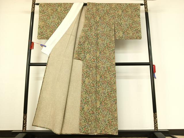 平和屋着物▽上質な小紋 単衣 更紗花文 鬼しぼ縮緬 正絹 逸品 AABF3793jh
