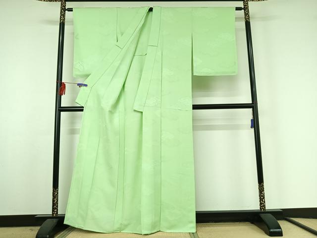 平和屋着物▽上質な色無地 単衣 雲取り吉祥地紋 薄萌葱色 正絹 逸品 AABF3796jh