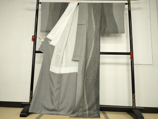 平和屋着物●訪問着 杢目絞り よろけ立涌文 正絹 逸品 未使用 AABF3932ck