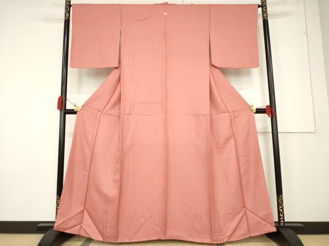 平和屋着物●上質な色無地 葉尽くし地紋 甚三紅色 正絹 逸品 AABF3960ck